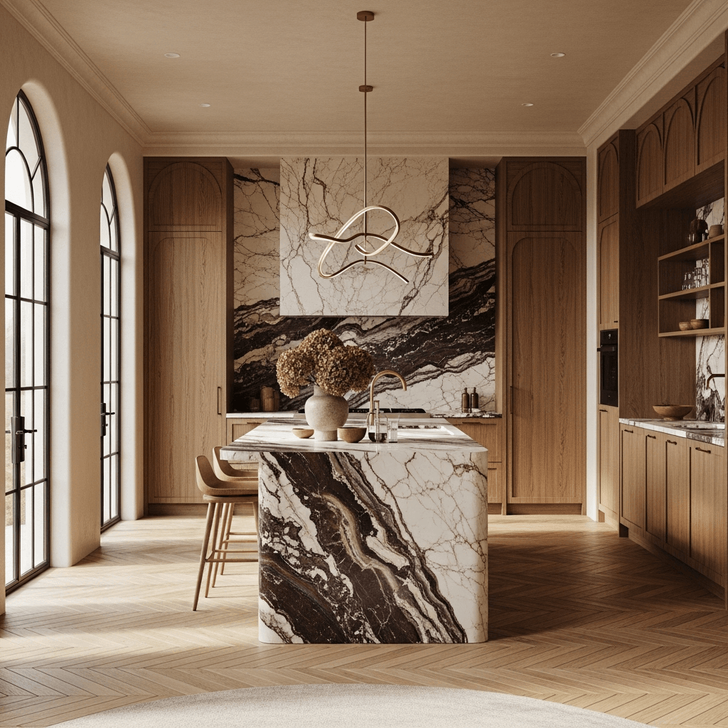 Calacatta viola marble waterfall island and full-height marble wall with deep mulberry veining, framed by warm walnut cabinetry and arched windows