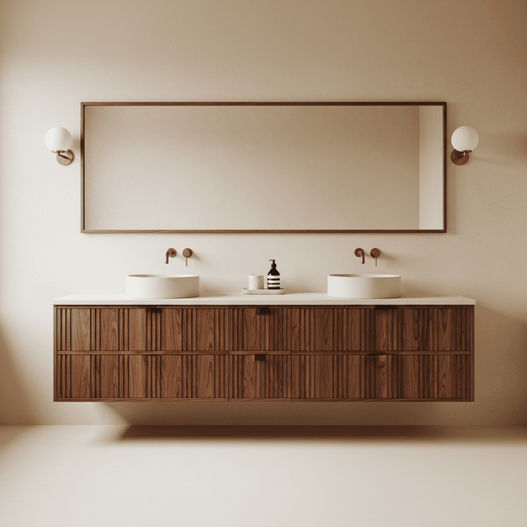 Wall-mounted double vanity in fluted walnut with two cream vessel basins, brass wall-mounted taps, slim horizontal mirror and brass milk-glass sconces on warm almond limewash plaster