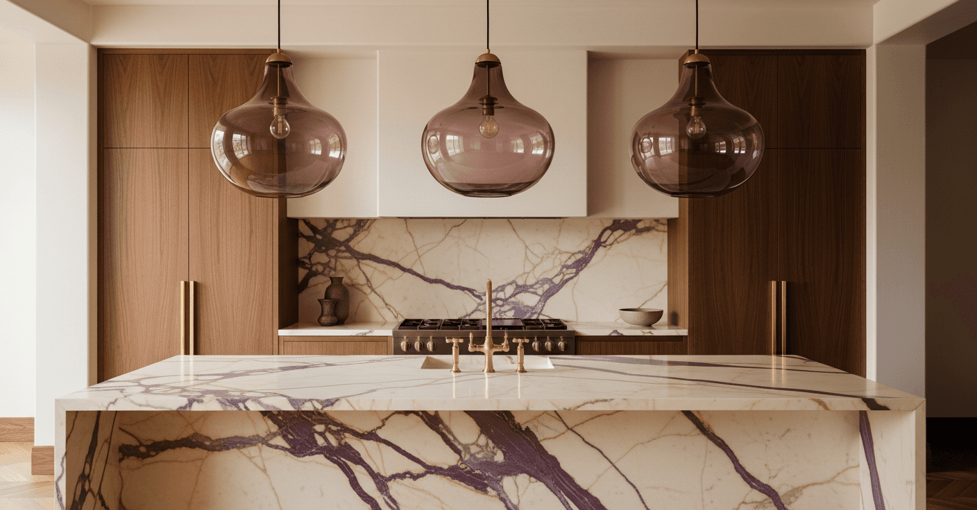 Three blown-glass mulberry pendants suspended over a Calacatta paonazzo marble waterfall island with bold purple-pink veining, set in a warm walnut kitchen