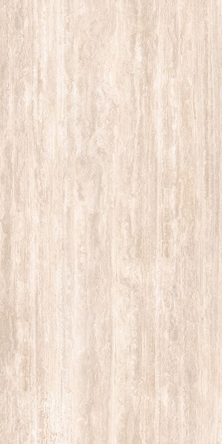 Travertine-effect porcelain stoneware slab with vertical cream and beige veining