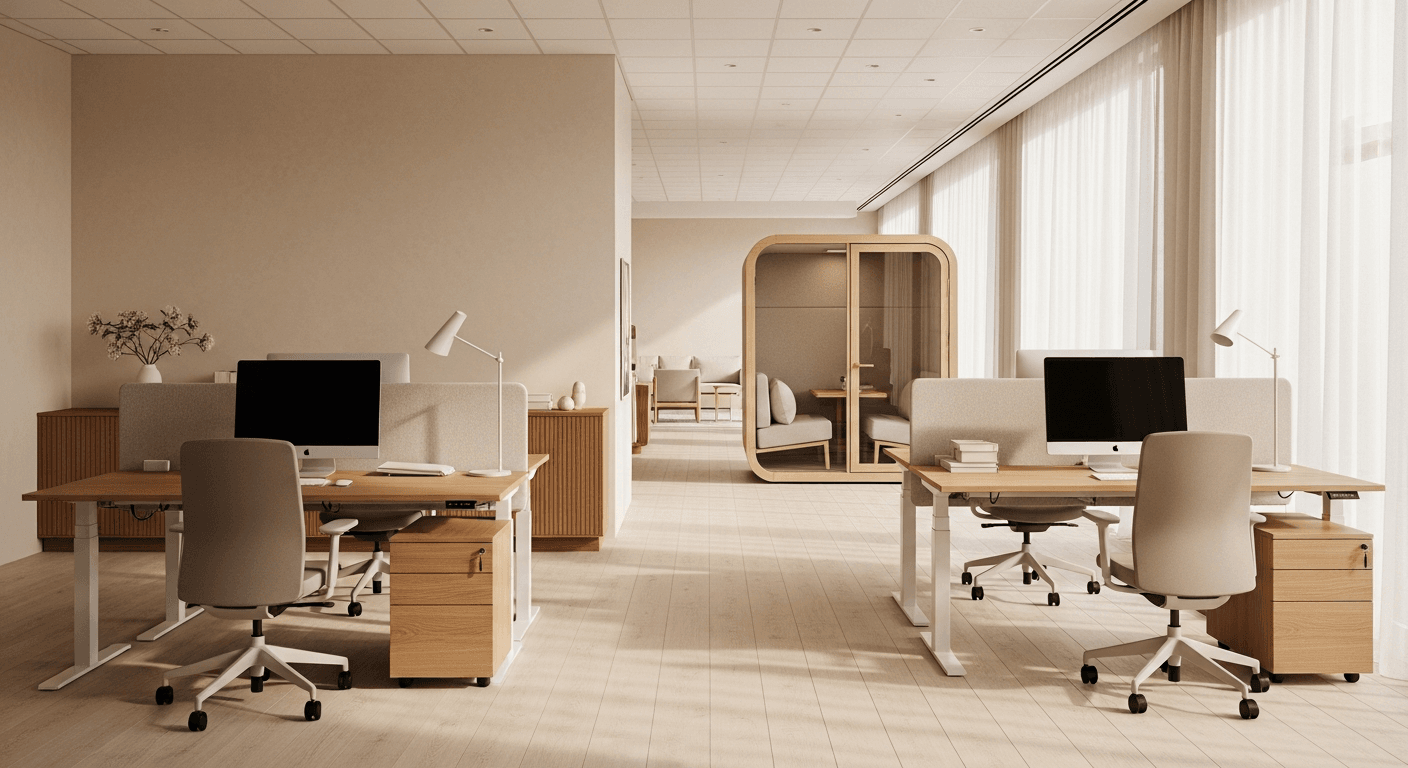 Contemporary open-plan office with height-adjustable sit-stand desks in light walnut, soft taupe task chairs, and a warm oak acoustic booth in the middle distance, parchment walls and pale oak flooring in soft morning daylight