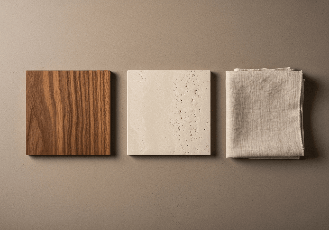 Material samples: oak wood, travertine tile, natural linen fabric